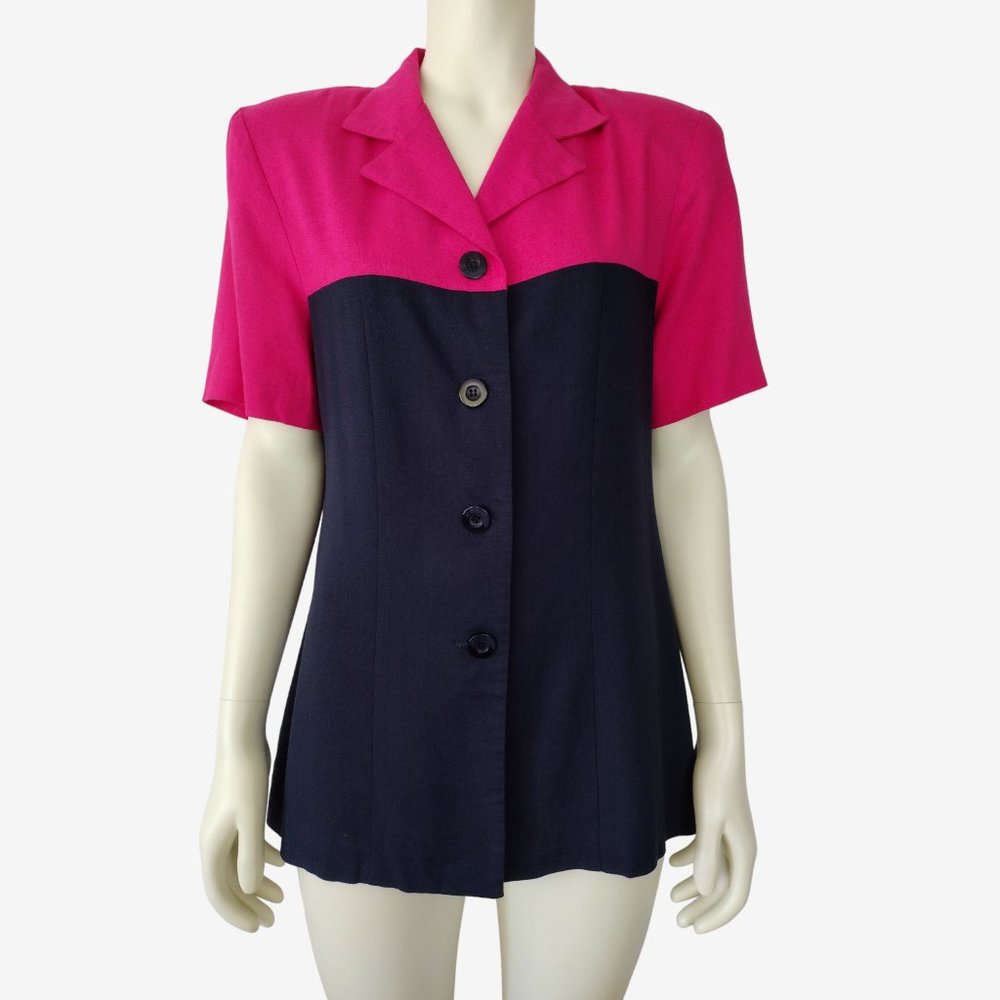 Vintage 1990s Ellen Figg Fuchsia and Navy Colorblock Blazer Jacket 10